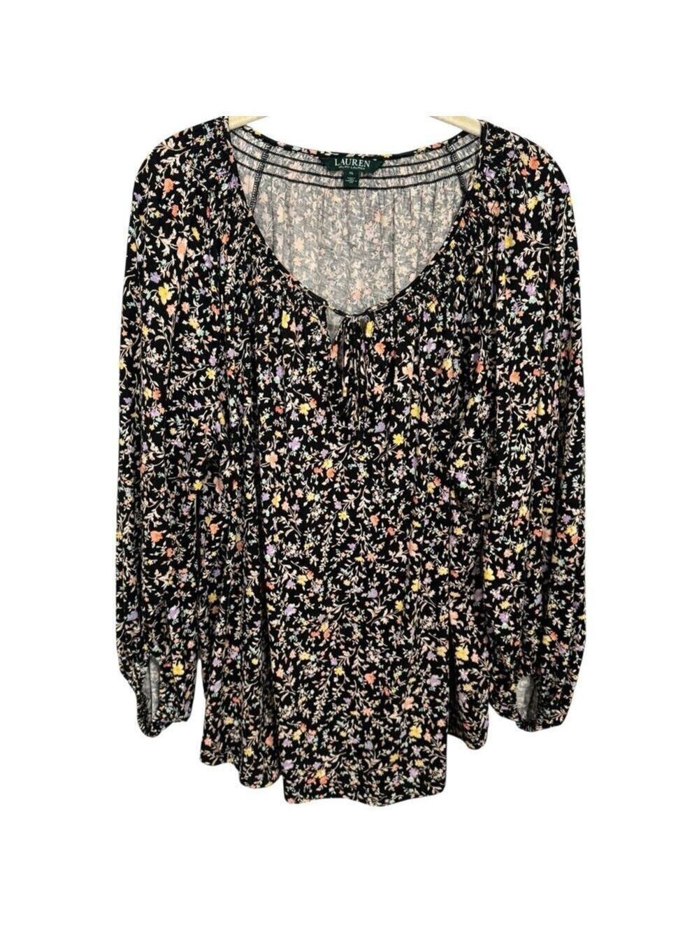 Lauren Ralph Lauren Size XL Black Ditsy Floral Peasant Blouse Balloon Sleeves